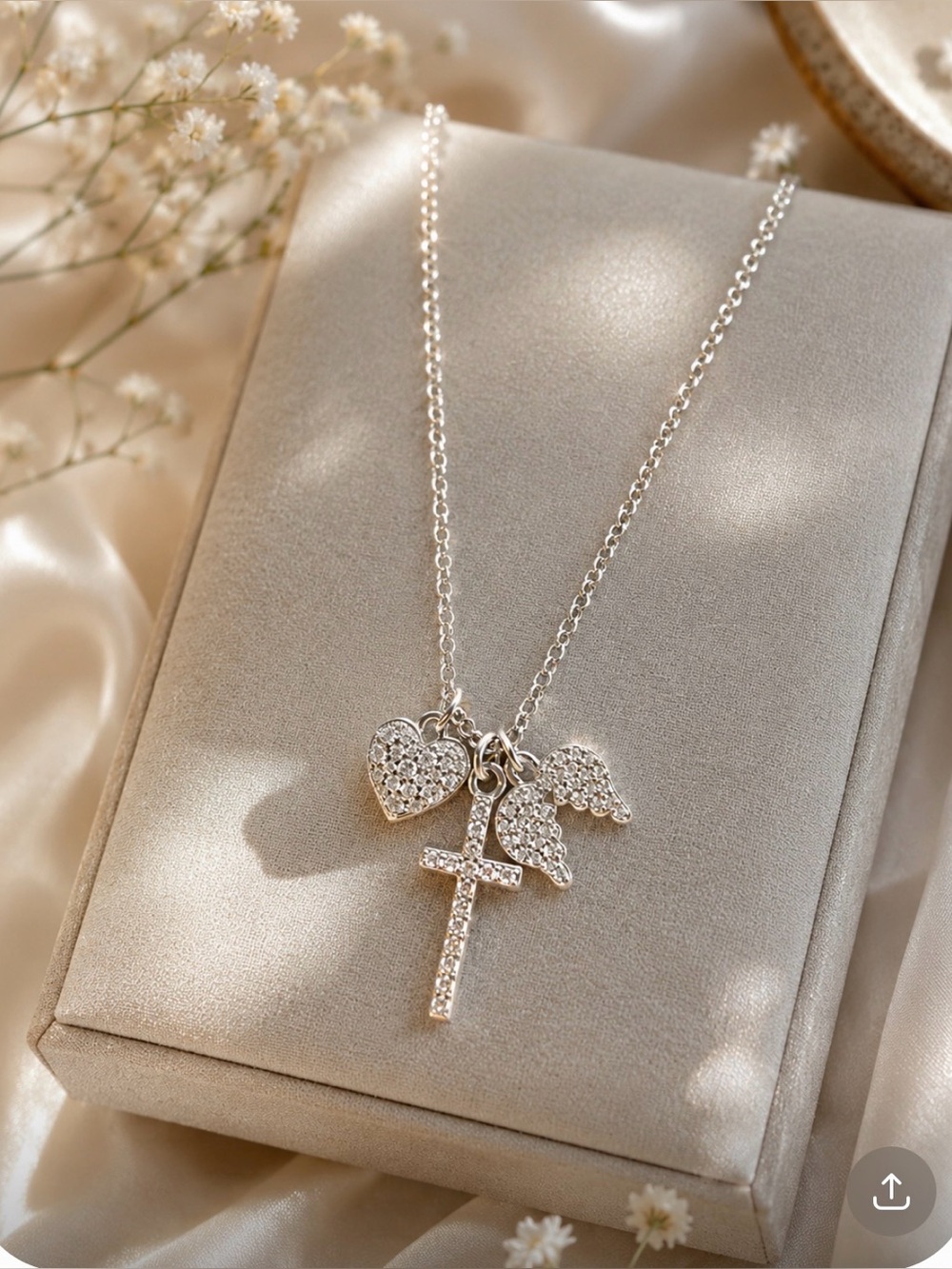 DAVID MARKSTEIN 925 STERLING SILVER CHARM NECKLACE CROSS HEART ANGEL WING